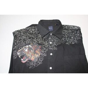VTG Kani Gold Men's Short Sleeve Y2K Black Button Shirt Studded Lion Graphic 2X